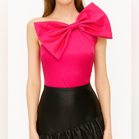 SHEIN Tops - SHEIN Fuchsia Bow One Shoulder Bodysuit Size L